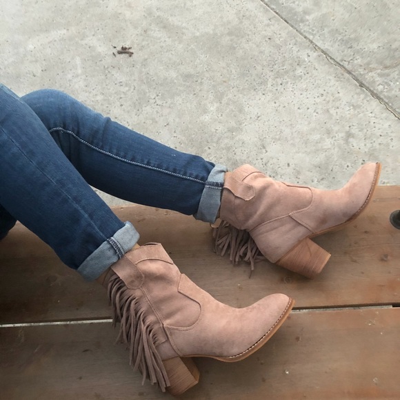 TAUPE FAUX SUEDE FRINGE BOOTS - Picture 4 of 6